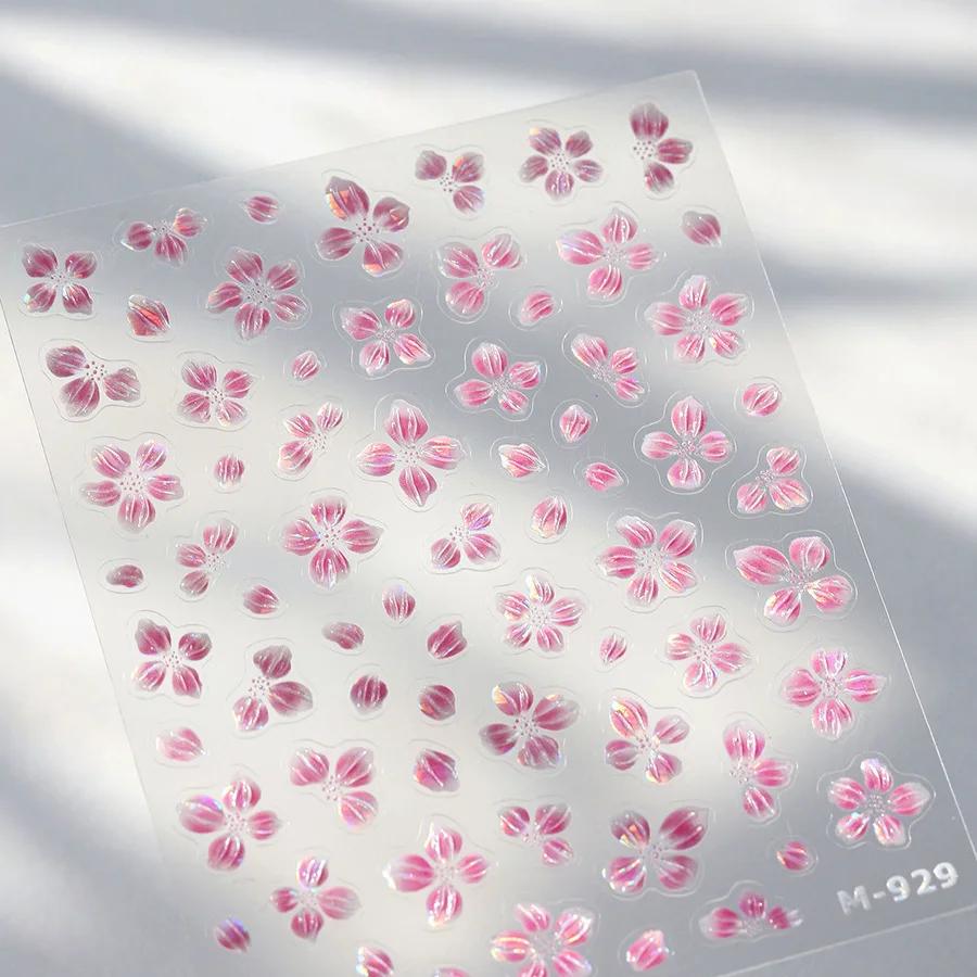 Cherry Blossom Pink Flower Sakura Spring 5D Nail Art Sticker Gold Stamping Soft Adhesive Relief Adhesive Chic Manicure Decals