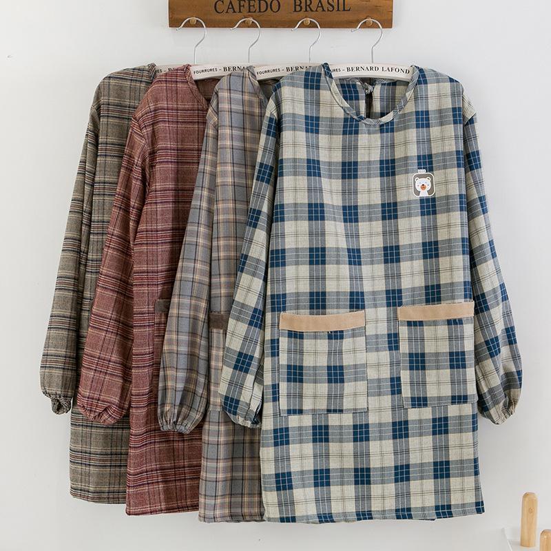 Japonská kostkovaná zástěra s medvědem, voděodolná: Otočný, Odolný proti skvrnám Kuchyňský ochranný oděv