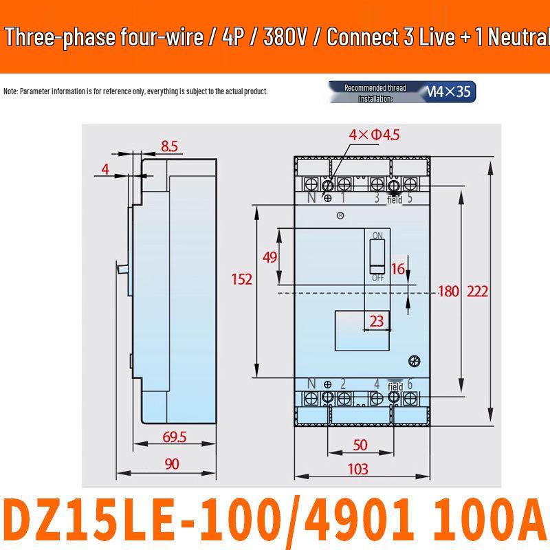 Chint DZ15LE-4901 Circuit Breaker with Leakage Protection, 2P/3P/4P, Plastic Shell, 63A/100A