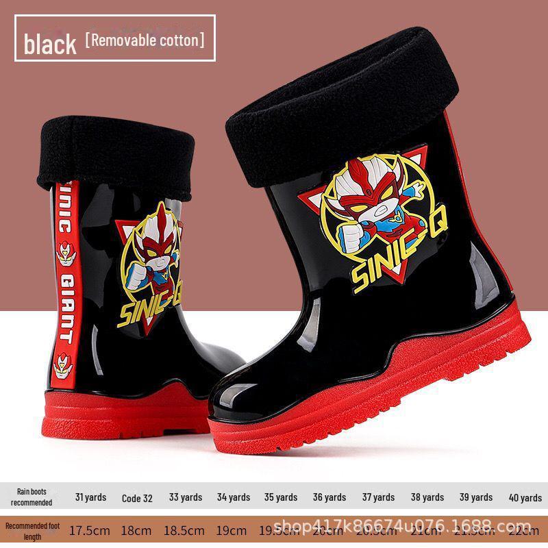 

Детские нескользящие резиновые сапоги от дождя - дизайн в виде китайского Супермена, теплые водонепроницаемые бахилы для школьников 33 (fits size 30) - 19.5cm