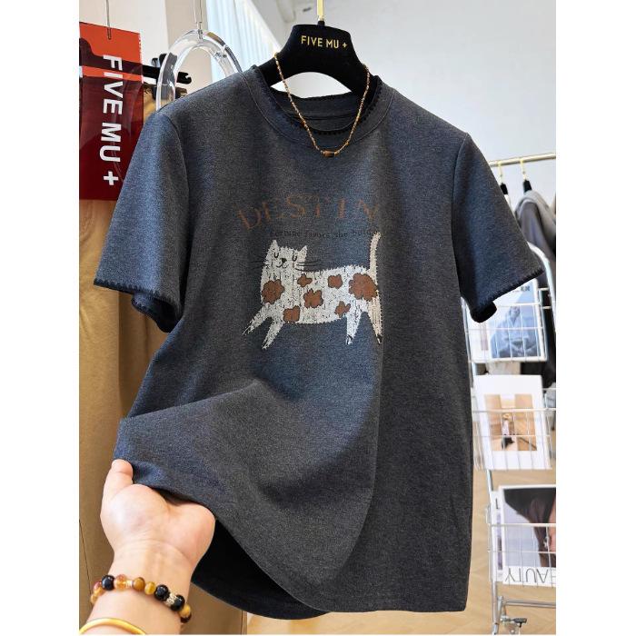 

Cartoon Print Embroidered Short Sleeve Women s Autumn Base Layer Top L (up to 145 jin) серый