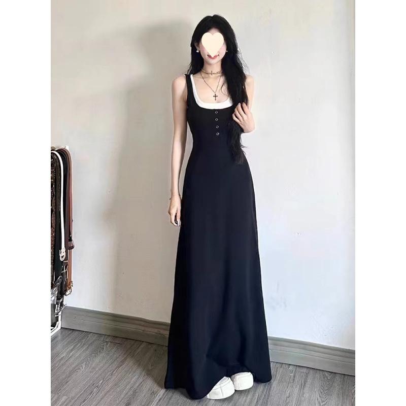 Black long dress fake two pieces Hepburn style small black dress Platycodon French age reduction thin suspender dress children's summer dress