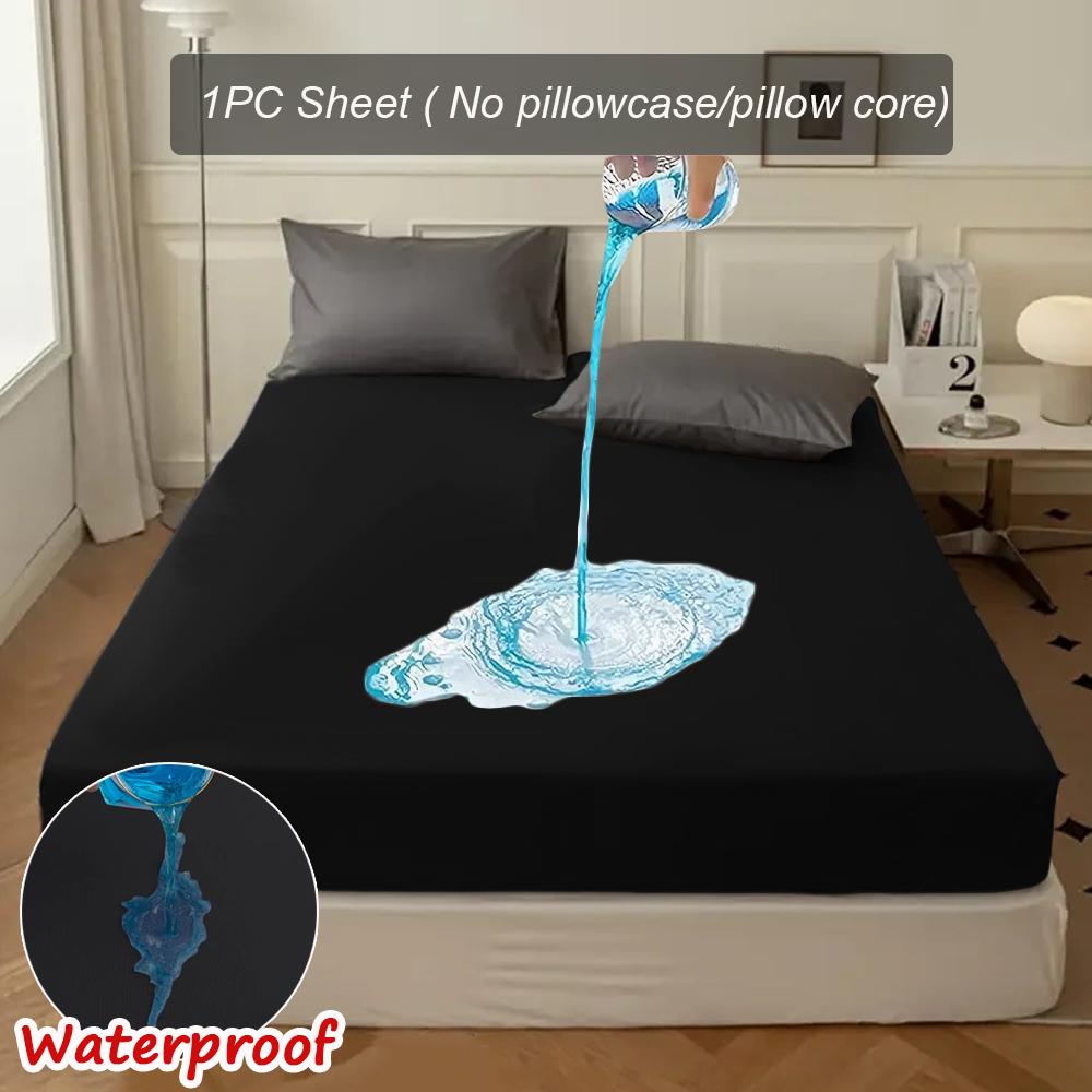 Super Waterproof Fitted Sheet Solid Color Non-Slip Mattress Protector Cover Comfortable Bedding with Elastic Band Deep Pocket