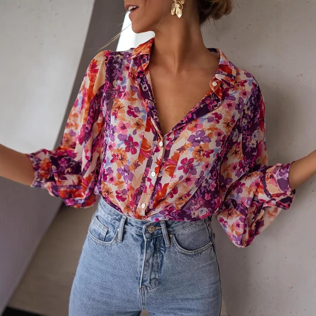 

Осень 2025, Новый Стиль, Рубашка на несколько пуговиц в один ряд, Женская, Европейский и Американский стиль, Тонкий стиль, Повседневный стиль, Цветочный принт, Топ с длинными рукавами XXL