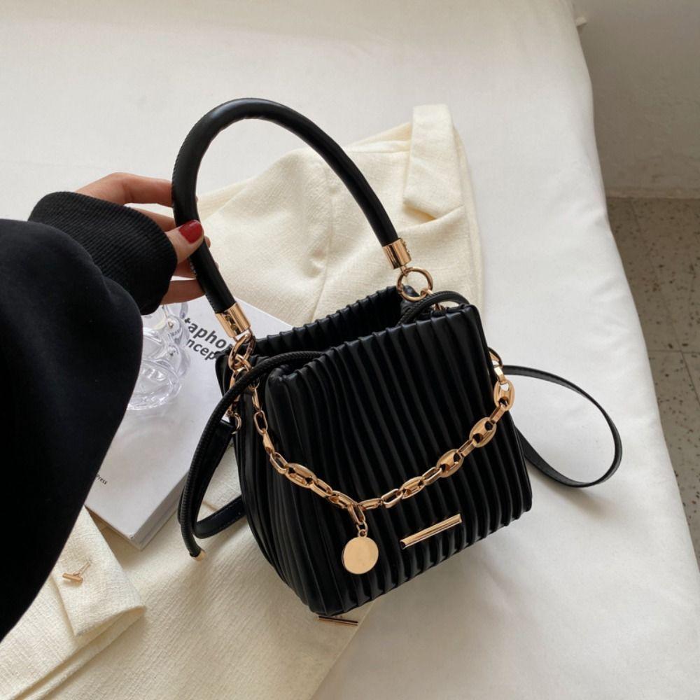 Chain Shoulder Crossbody Bag Pleated Design Bucket Bag Trendy Messenger Bag  Women
