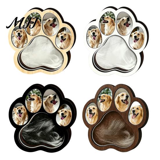 Pet Keepsake Memorial Frame Wooden Paw?Shaped Picture Frame, Photo with Fur Cat Remembrance Storage Compartment, Loss Tabletop Ornament for Dog Box