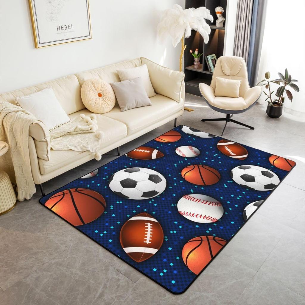 Erosebridal Ball Game Area Rug for Kids Boys Teens,Baseball Carpet 3x5,Basketball Soccer Indoor Floor Mat,Glowing Neon Sports Theme Area Run