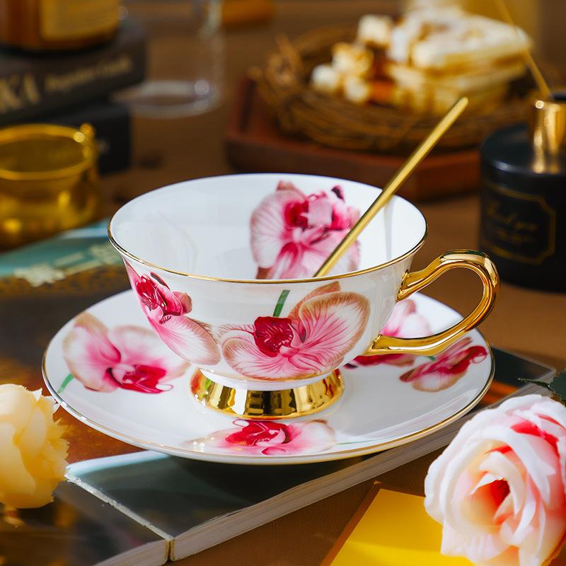 Euro Style Bone China Afternoon Tea Saucer Set Ceramic Rose Flower Tea Coffee Cup for Home Kitchen Wedding