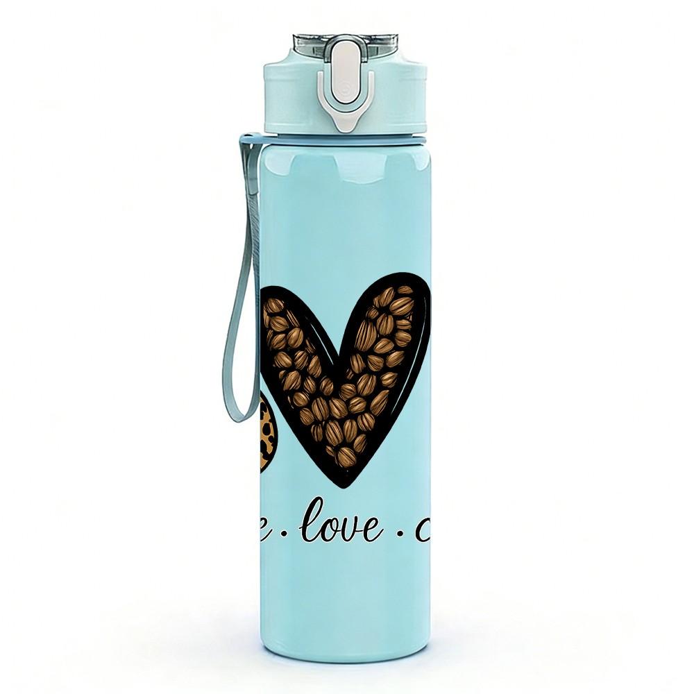 1PC Peace Love Coffee Heart Print 750ml Color Plastic Sports Water Bottle Leakproof Flip Straw Lid Suitable for Sports Office Home Use
