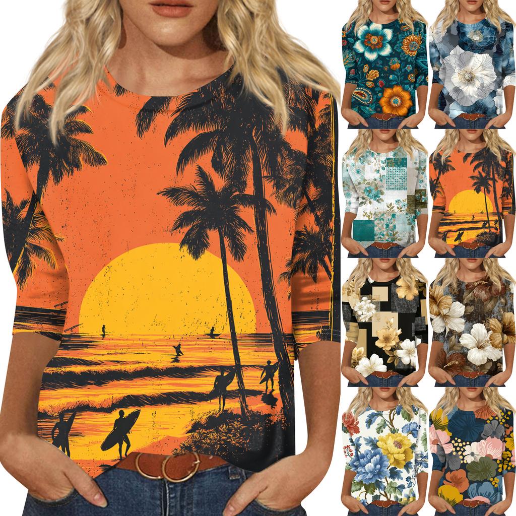 Women's Fashion Casual Round Neck Three-quarter Sleeve Retro Floral Print T-shirt Top