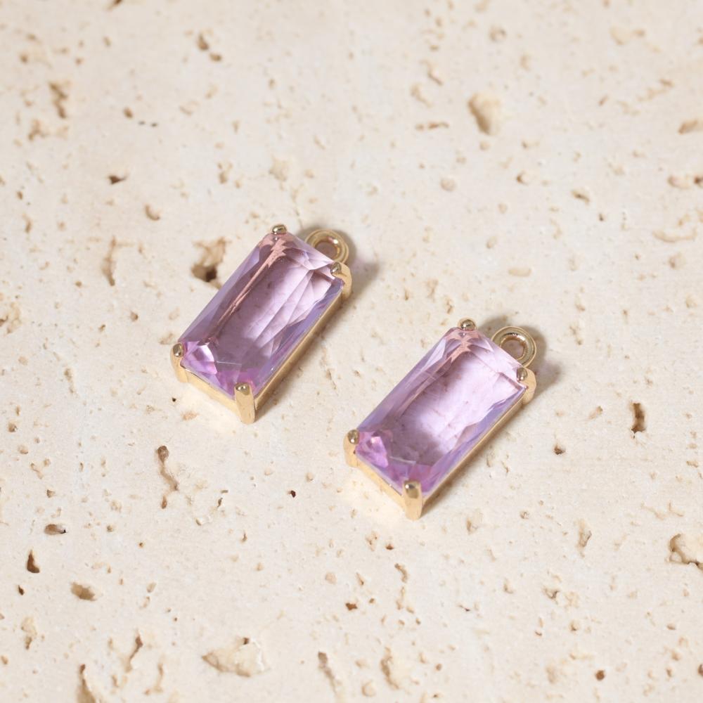 Rectangle Light Purple Synthetic Crystal Copper Charms, Golden Plated DIY Pendants for Earring Necklace Craft Making