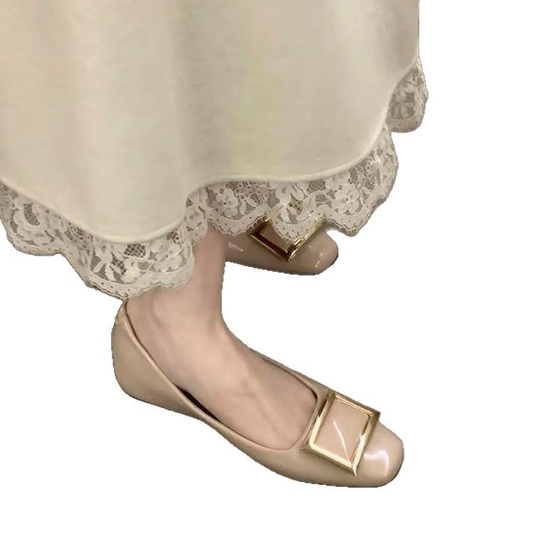 Temperament small square head fairy wind metal buckle light mouth small leather shoes women 2025 new soft sole thick heel commuting grandma shoes