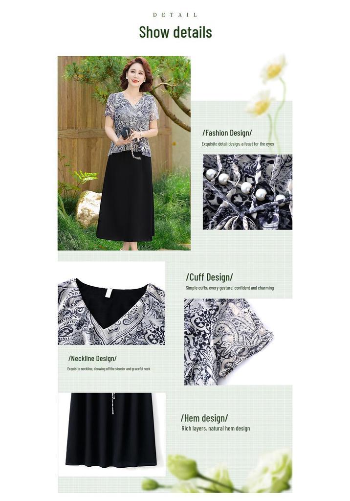 2026 Elegant Chiffon Summer Dress for Moms, Casual Fake Two-Piece, Age-Defying Style for Middle-Aged and Seniors
