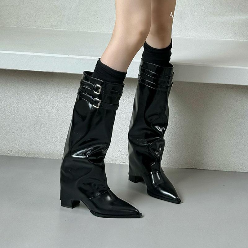 Fashion Fashion Buckle Women Knee High Boots With Heels Footwear Female Pointed Toe Party Modern Ladies Long Boots Shoes Pumps