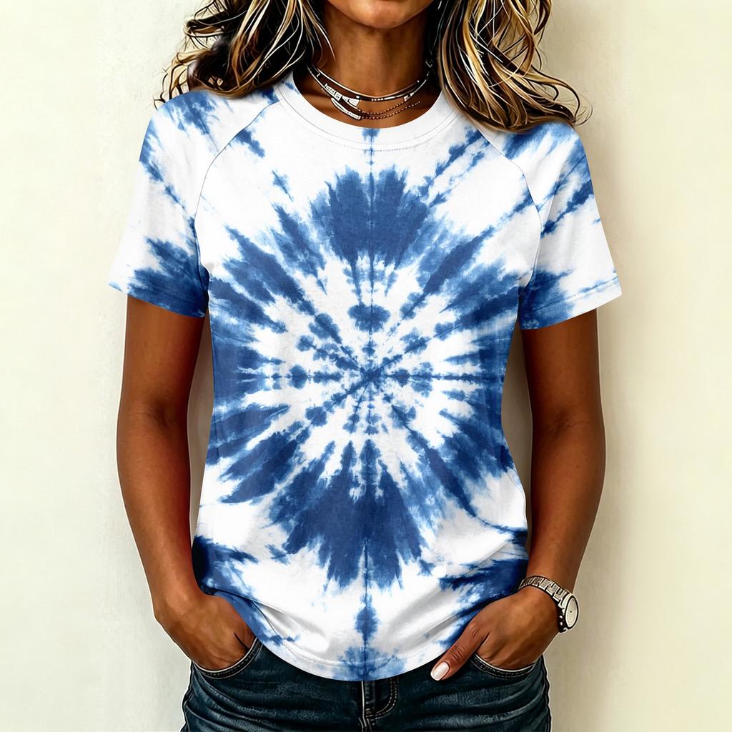 Damen Freizeit Kurzarm Raglan T-Shirt Rundhals Batik-Print Leichtes Weiches Gewebe Sommer Oberteil