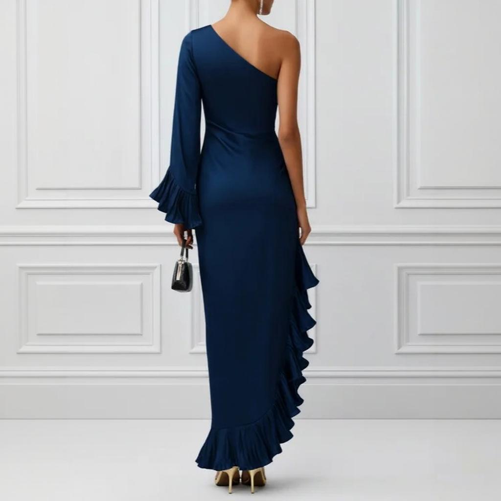Damen Farbiger Satin Off-Shoulder Raffung Unregelmäßiger Saum Kleid für Cocktailparty