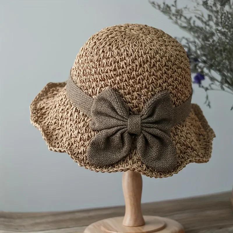 1pcs Elegant Sun Hat - Hand Woven with Vintage Ruffles and Bow, Foldable Travel Beach Hat