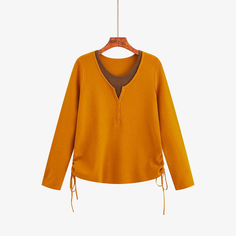 Plus Size Women s Faux Two-Piece Drawstring Sweater - Spring 2026 Casual Loose Knitwear for Chubby Women 23701 XL (120-150 kg)