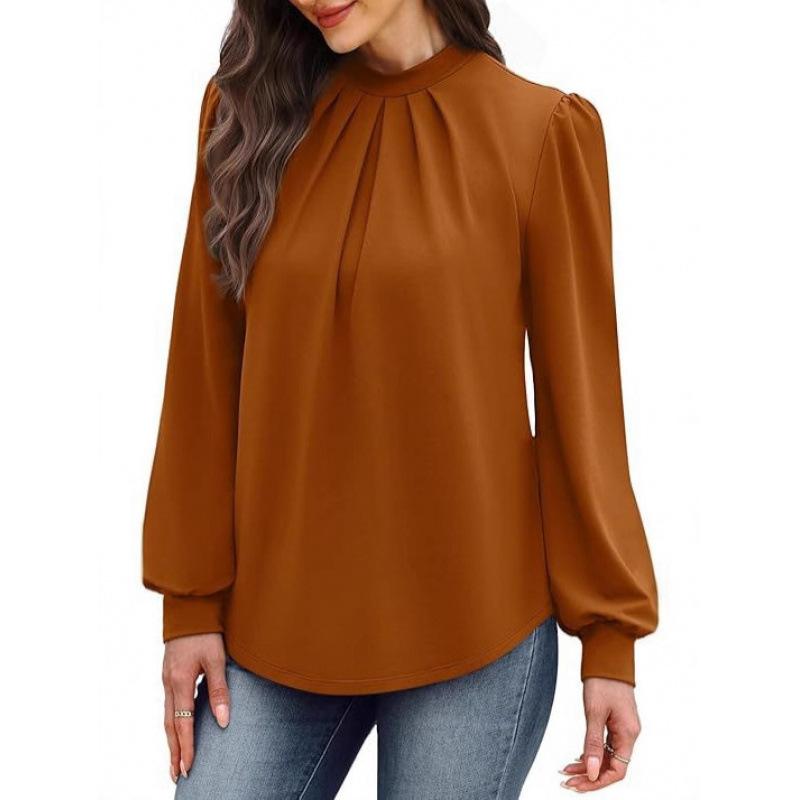 Spring Autumn Stand Collar Loose Casual Elegant Pullover Blouse Women Long Sleeve Solid Color Folds Shirt Top
