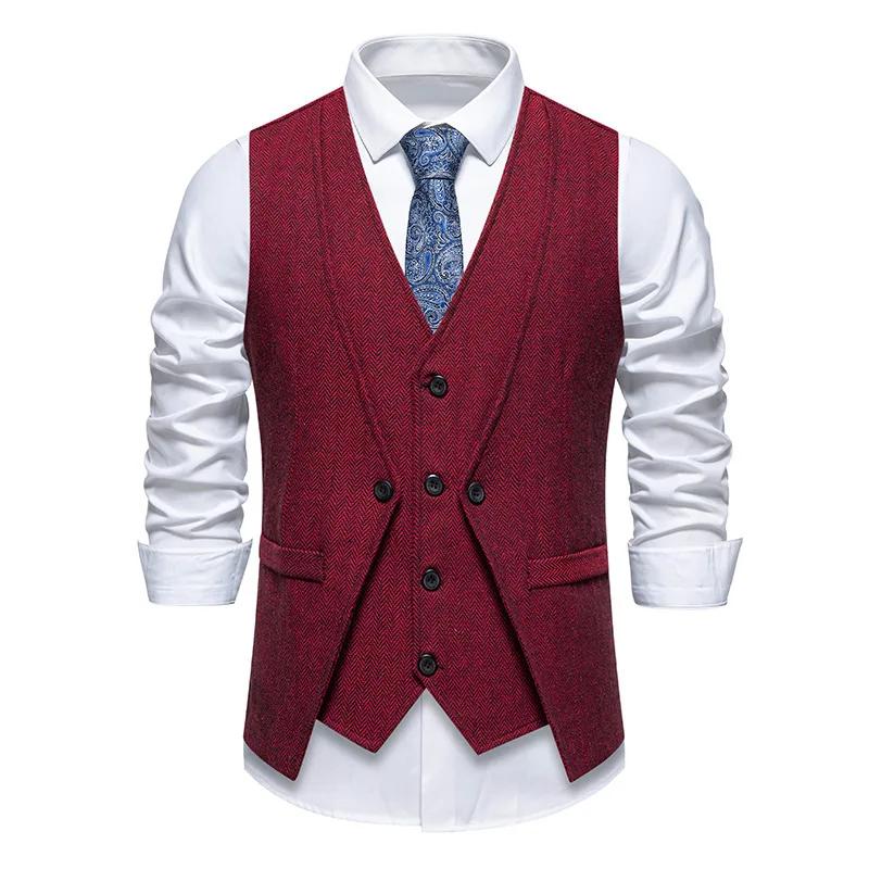 England Style Men's Suit Vests Fake Two Pieces Business Casual Waistcoats Vintage Mens Formal Dress Vest