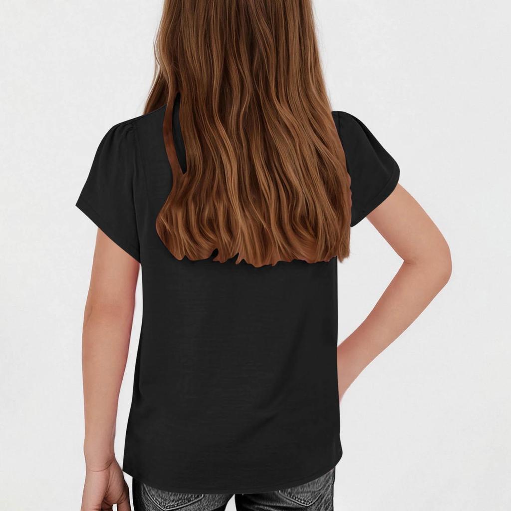 Girls' Cotton Linen Casual Short-Sleeve Top, Solid Color, Round Neck - 2025 Summer Collection