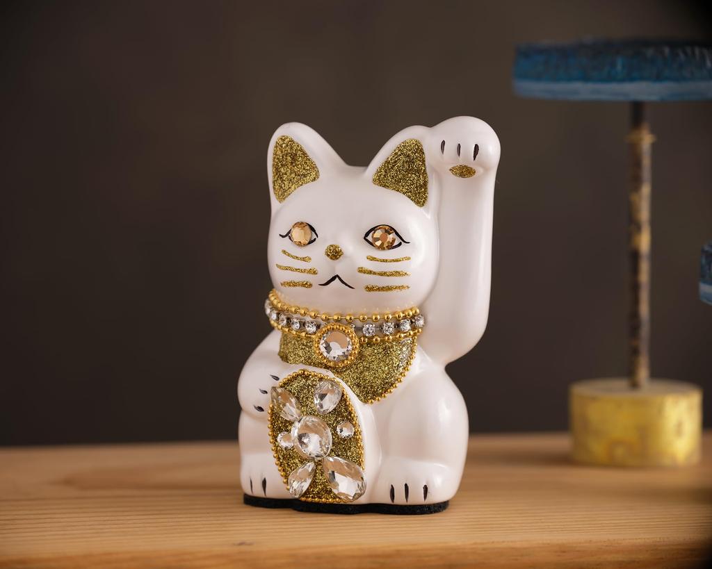 Glückskatze Schmuck Katze Linke Pfote erhoben Keramik Glückskatze Glücksbringer Feng Shui Ornament (S-SIZE Weiß) / _ Glückskatze (jw_S Weiß)