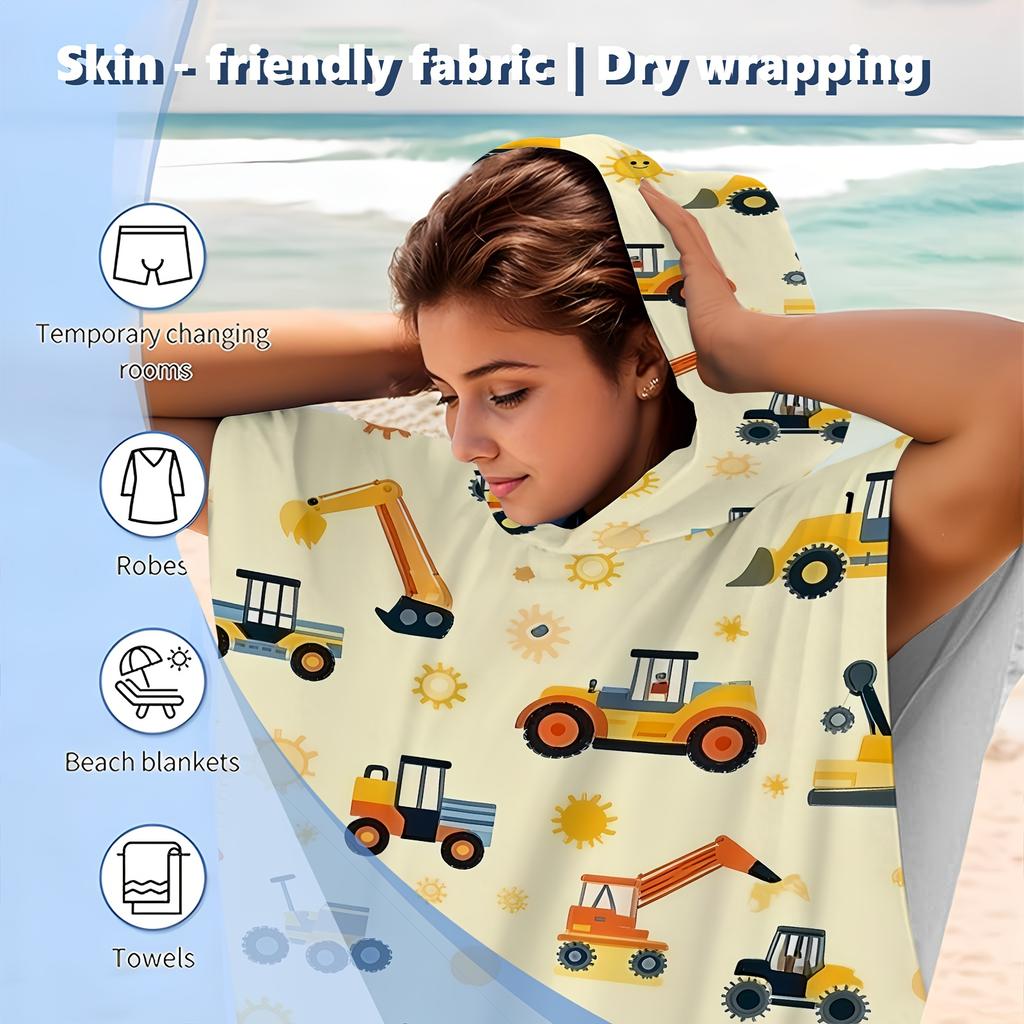Construction Vehicle Hooded Towel Single Sided Print Soft Microfiber Absorbent Beach Towel For Pool Beach Bath Time Playful Gift