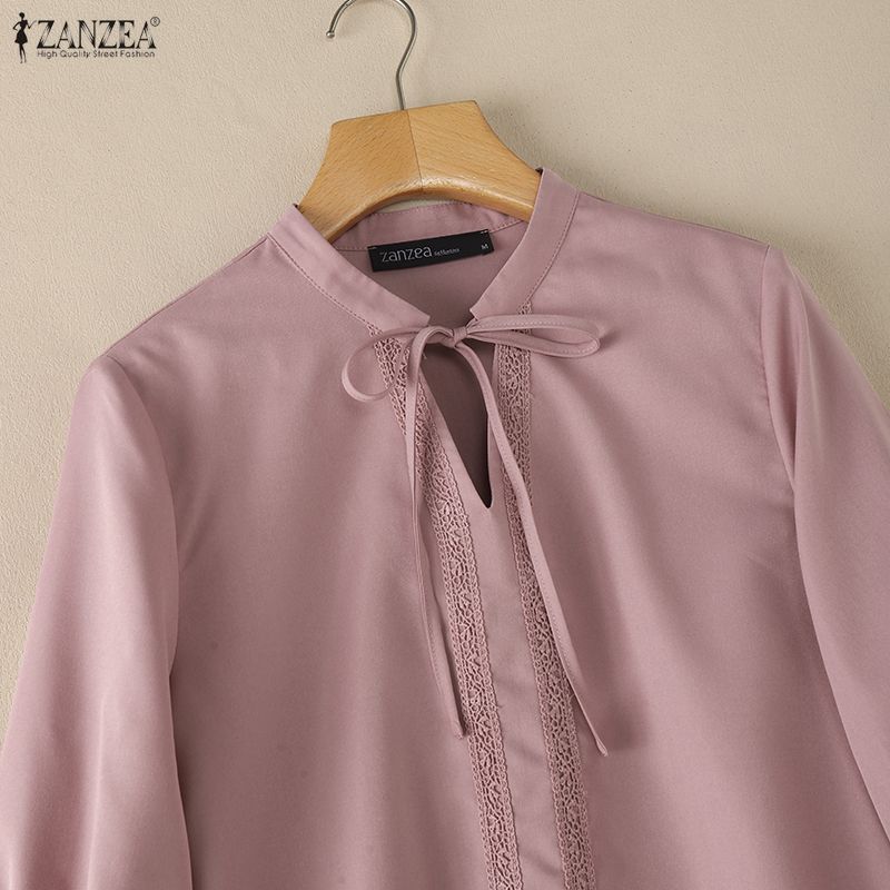 ZANZEA Womens Round Neck Casual 3/4 Sleeve Lace Patchwork Blouse