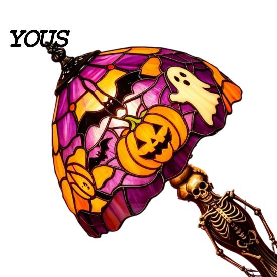 USB Powered Halloween Lamp Night Light, Stained Glass Lamp, Retro Gothic Glowing Low Energy with Warm Amber Purple, Tabletop Decor for