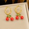 Set de Joyería de Cereza de Acero Inoxidable Chapado en Oro (Collar y Pendientes de Aro) para Mujer, Colgante de Fruta Esmaltada