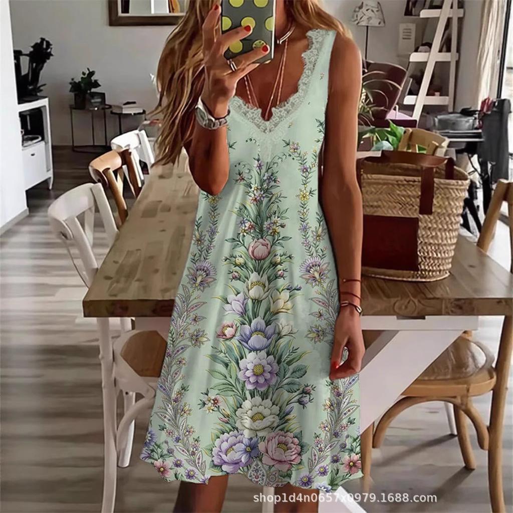 New European and American hot-selling women's clothing fast-selling T strap V-neck lace fashion printed dress