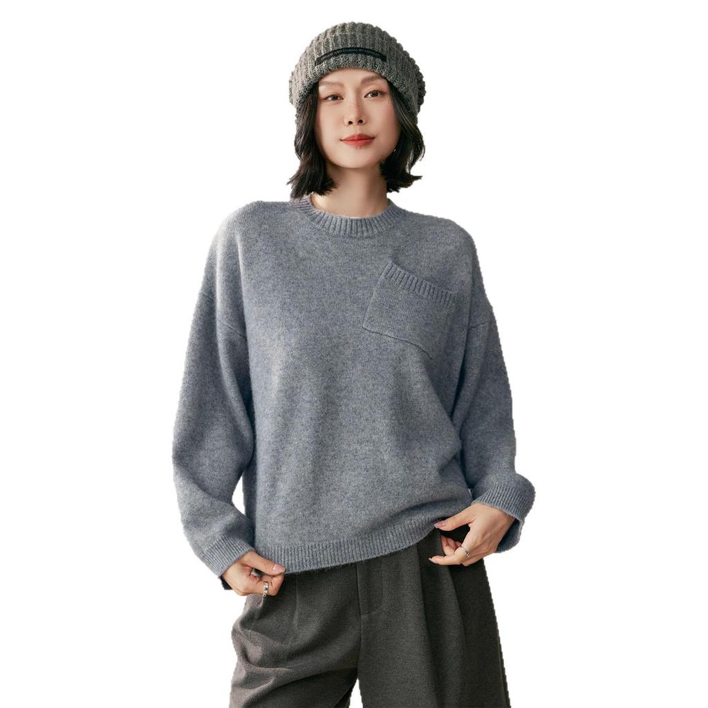 Women's Cashmere Round Neck Sweater - Autumn/Winter 2026 Collection, Loose Fit, Slimming Knit Base Layer with Pockets, Warm and Stylish.