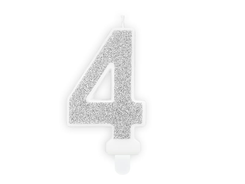 Świeczka Cyfra "4" Srebrna Brokatowa