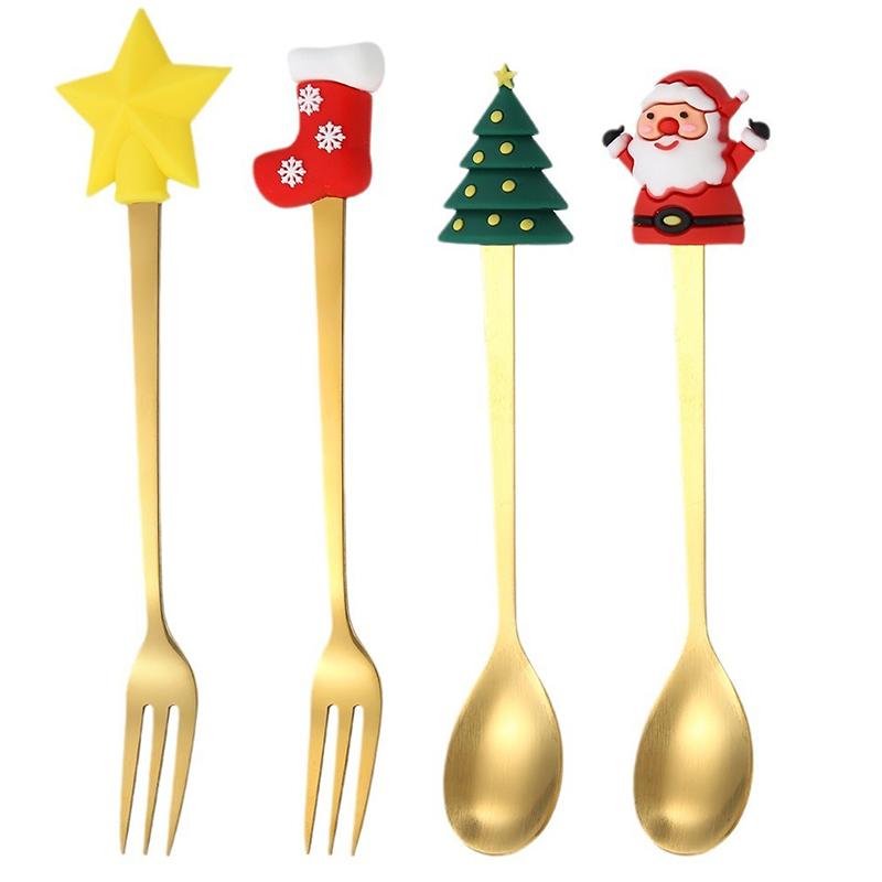 4pcs Christmas Spoon Fork Set Christmas Gifts Santa Xmas Elk Fruit Fork Coffee Spoon Cutlery Set Xmas New Year Tableware Decor