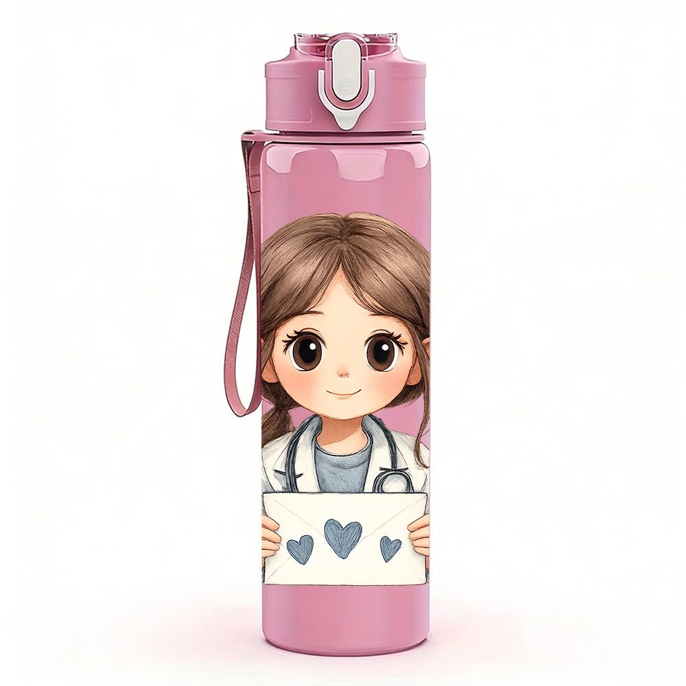 1PC Cute Girl With Heart Cartoon 750ml Color Plastic Sports Water Bottle Leakproof Flip Straw Lid Suitable for Sports Office Home Use