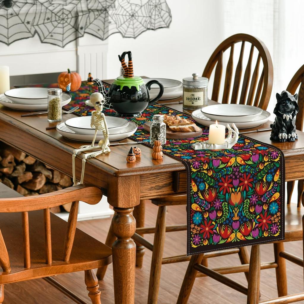 Artoid Mode Dia De Los Muertos Floral Fiesta Mexican Table Runner, Mexico Day of The Dead Kitchen Dining Table Decoration for Home Party Decor 13x72