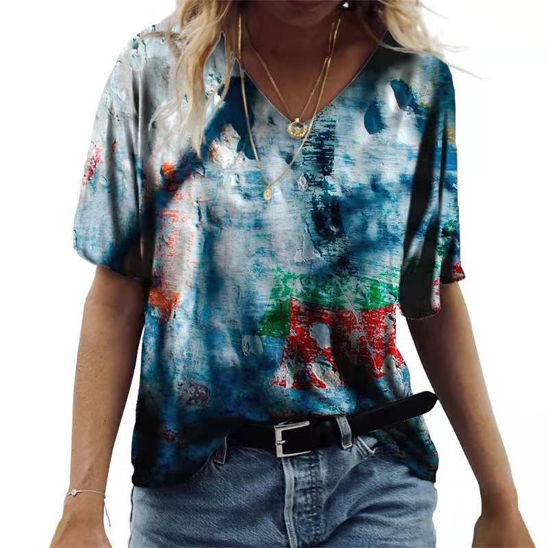 Damski T-shirt z krótkim rękawem i dekoltem V Luźny T-shirt Miejski Casual Nadruk 3D Damska Podstawa