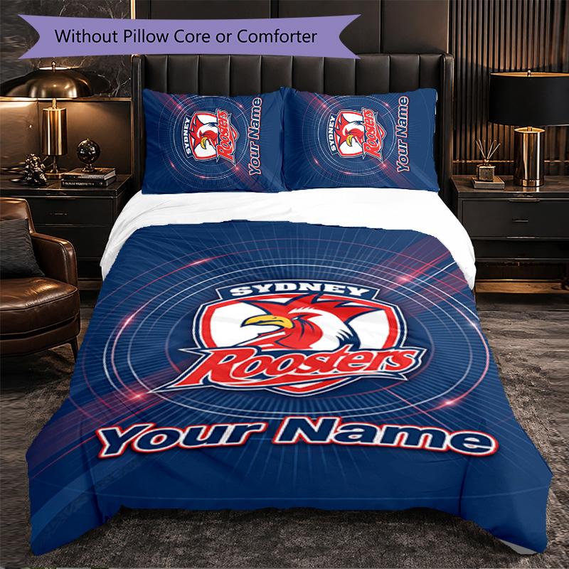 Sydney Roosters Customized Name Text Bedding Set, 1 Duvet Cover & 2 Pillowcases Personalized Bedroom Gift