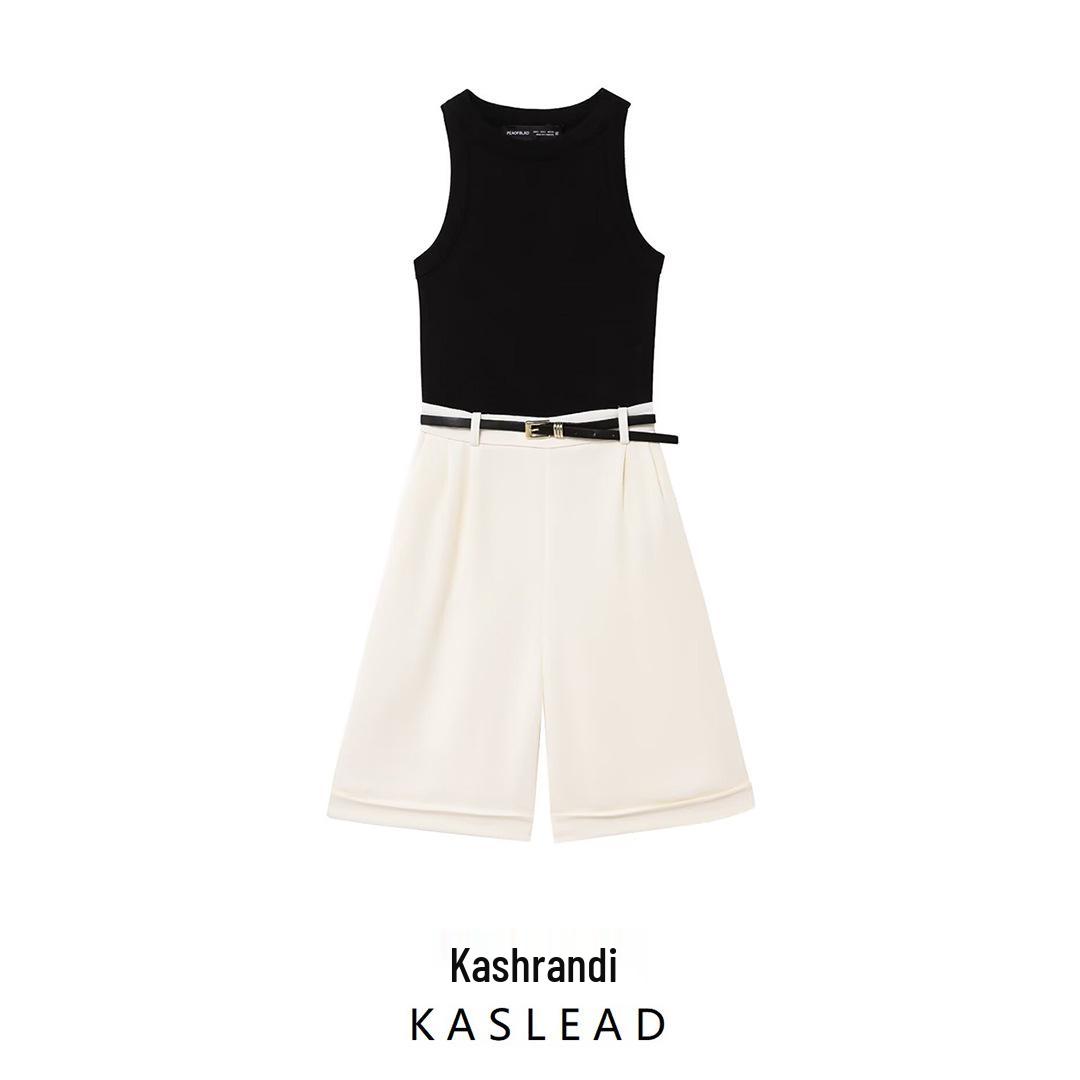 

2025 Spring Women s European-American Belted Spliced Short Jumpsuit Fashion XS