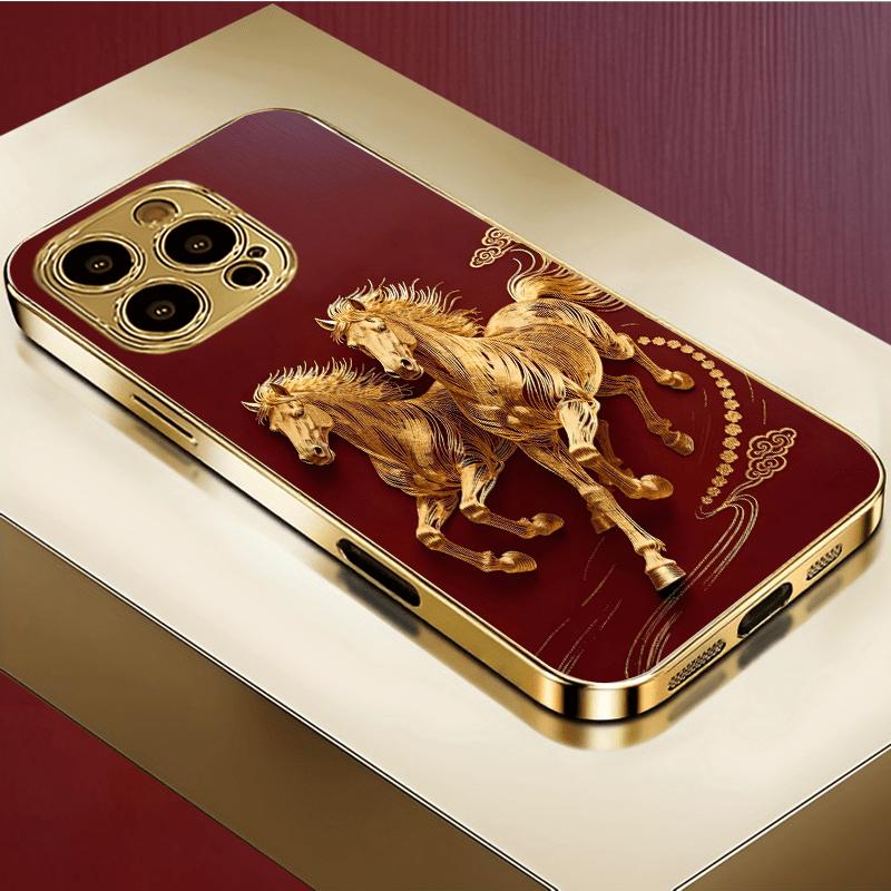 Golden Horse red tempered glass phone case suitable for iPhone 17 16 15 14 13 12 11 Pro/Max/Plus anti drop and shockproof