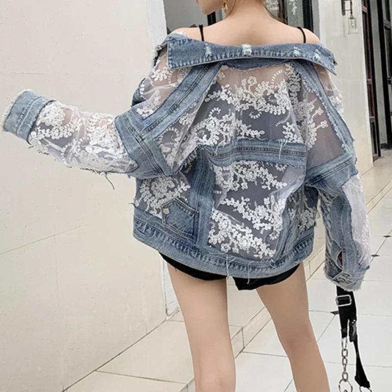 Cotton Denim Coat Women Lace Spring Autumn Ropa Cardigan Jeans Jackets