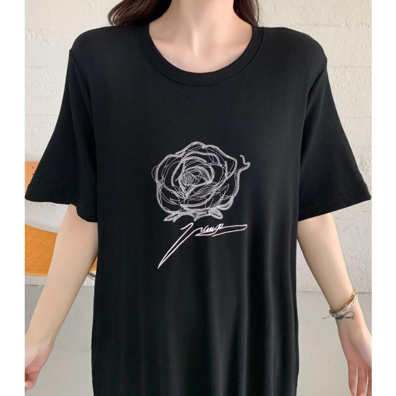 DIMANAF 2025 Plus Size Dress Women Summer Spliced Vintage Dress Basic Printing Long Loose Casual Black Dress