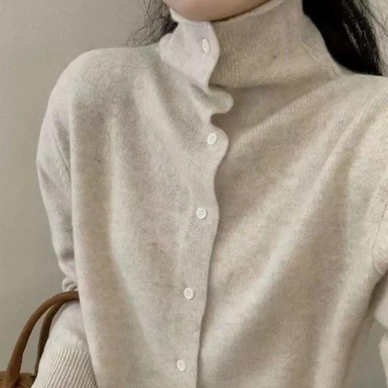 Korean Style High Neck Cashmere Cardigan - Women's Warm, Stylish Solid Color Wool Sweater for Autumn/Winter.