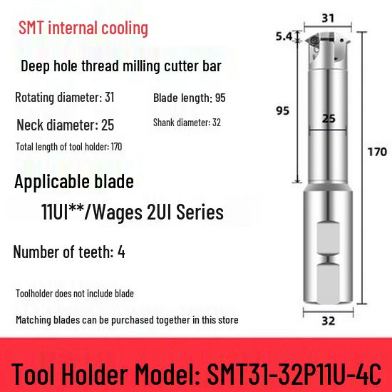 Deep Hole Internal Thread Milling Cutter with Coolant, Imperial/Metric Shank, US 11UI/16UI