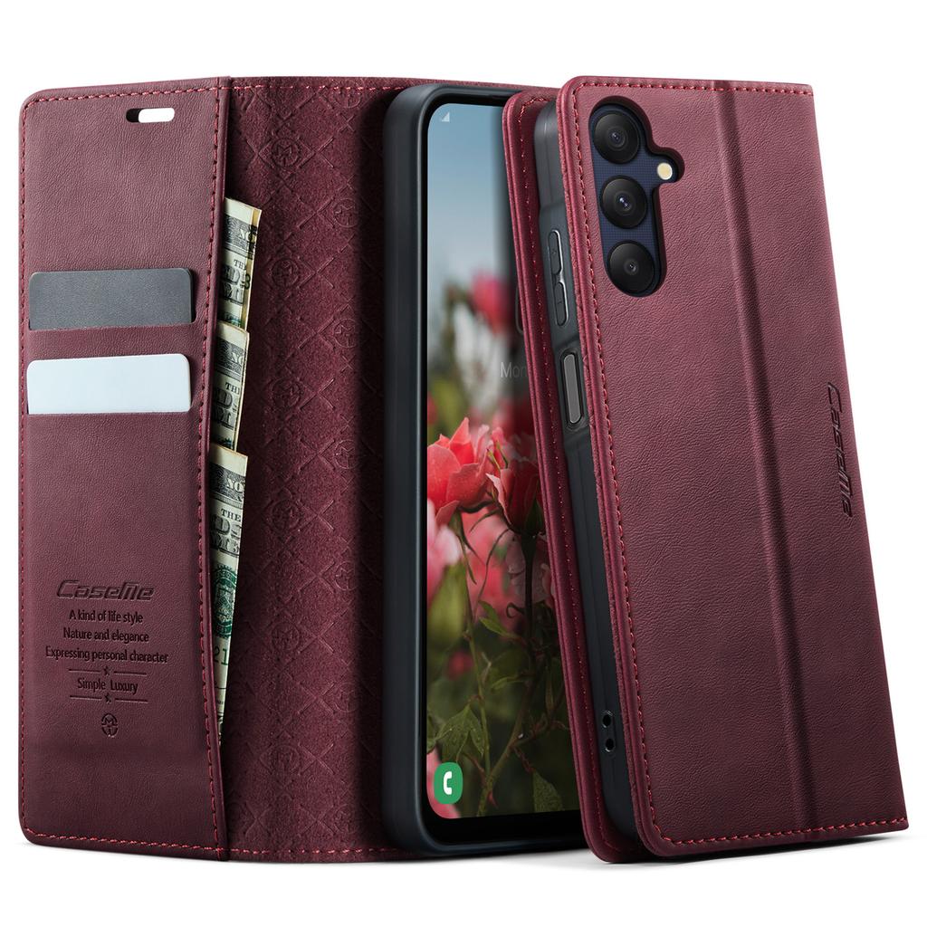 Pro Samsung Galaxy A25 5G (Globální) (161,0 x 76,5 x 8,3 mm) Pouzdro CASEME řady 033 Peněženka s RFID blokováním Stojánek Kožené pouzdro na telefon s texturou telete