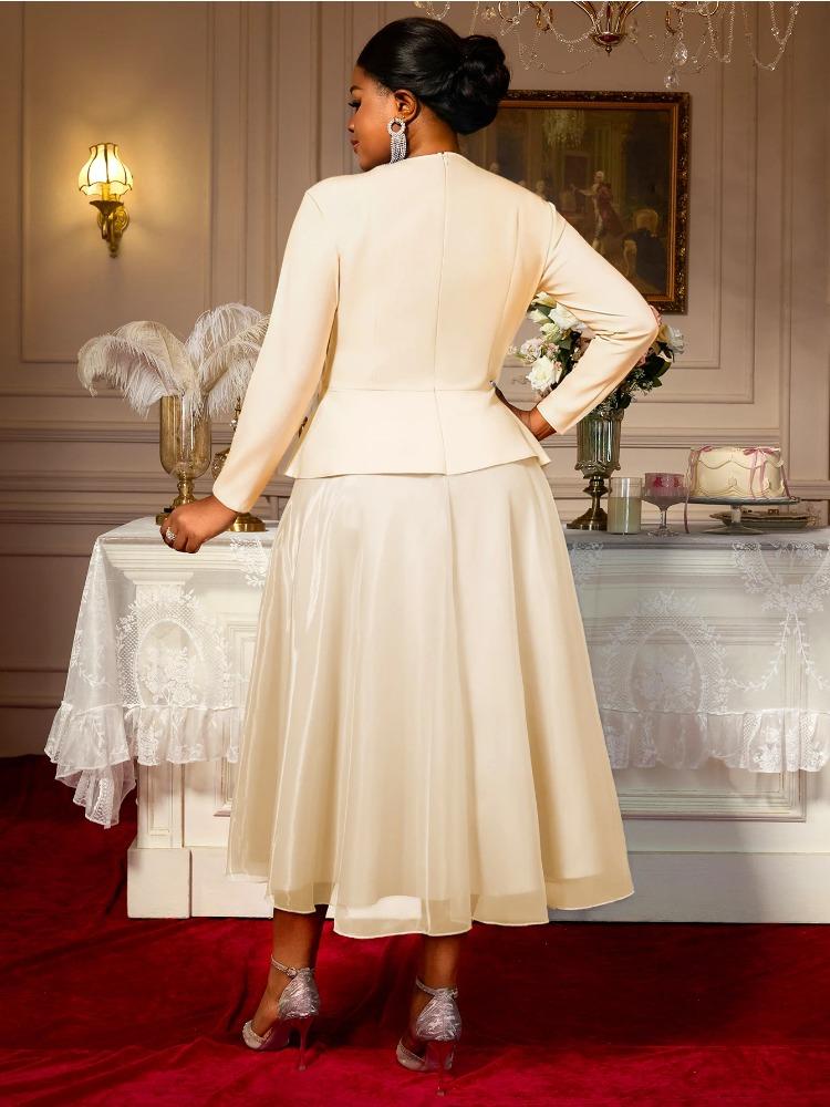 Elegantes Damen A-Linien-Kleid V-Ausschnitt Langarm 3D-Blumen Peplum Patchwork Netz Hochzeitsgast Kirchenparty Outfit