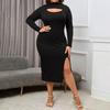 Sexy Hollow Out Slit High Waist Hip Wrap Long Sleeve Plus Size Women Midi Dress