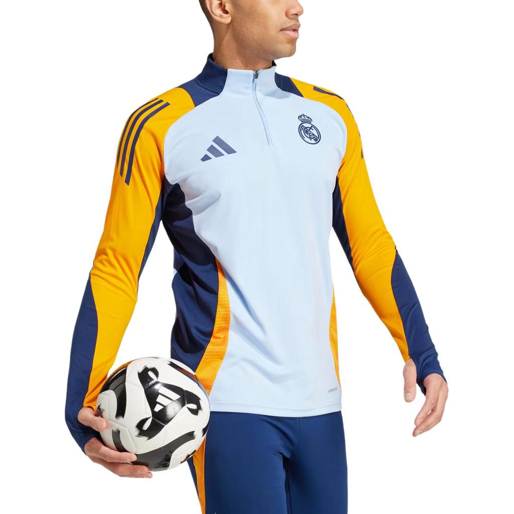 Adidas SS24 Real Madrid Série Color Block Pohodlný Módní Pulovr na Poloviční Zip s Dlouhým Rukávem Fotbalový Dres Pánské Topy Modrá IT5118