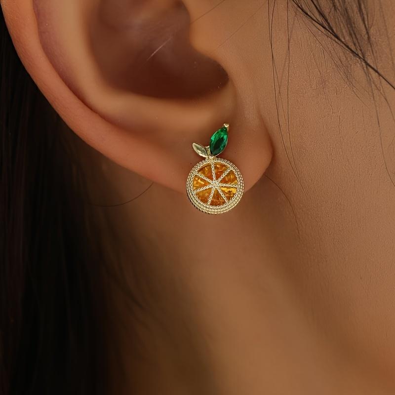 1 Pair of Simple Fashion Copper-Inlaid Cubic Synthetic Zirconia Orange-Shaped Stud Earrings, Chic Fruit Design Earrings