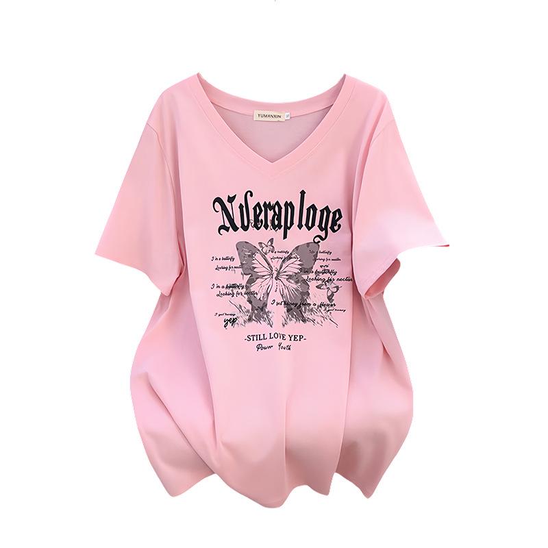 Plus Size Loose Mid-Length V-Neck Short-Sleeve T-Shirt for Women (200/300/350 Jin)